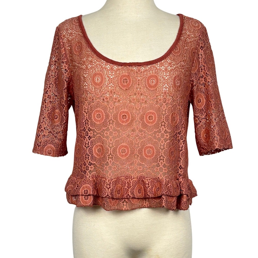 Charlotte Russe Lace Peplum Top Women L Coral Pink Boho Crochet Festival